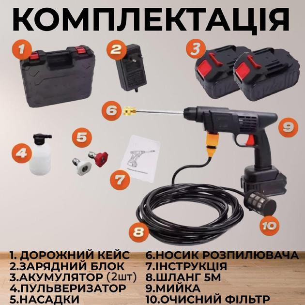 Акумуляторна мийка портативна з двома АКБ - Зображення 6