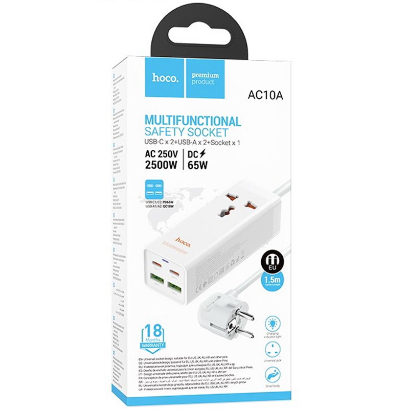 Подовжувач Hoco AC10A Talent PD65W+QC3.0 (2USB-A/2C/1xSocket) (1.5m) - Зображення 5
