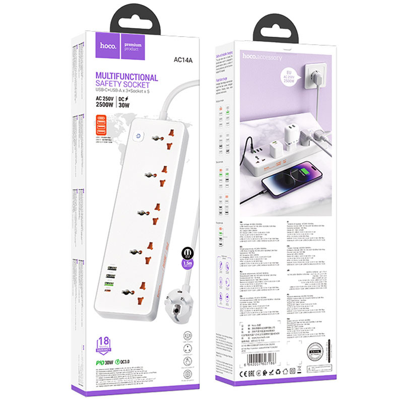Подовжувач Hoco AC14A Rico PD30W (3USB-A/1C/5xSocket) (1.5m) - Зображення 6