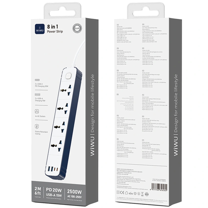 Подовжувач WIWU S007 Power Strip PD20W (2USB-A/2C/4xSocket) (2m) - Зображення 4
