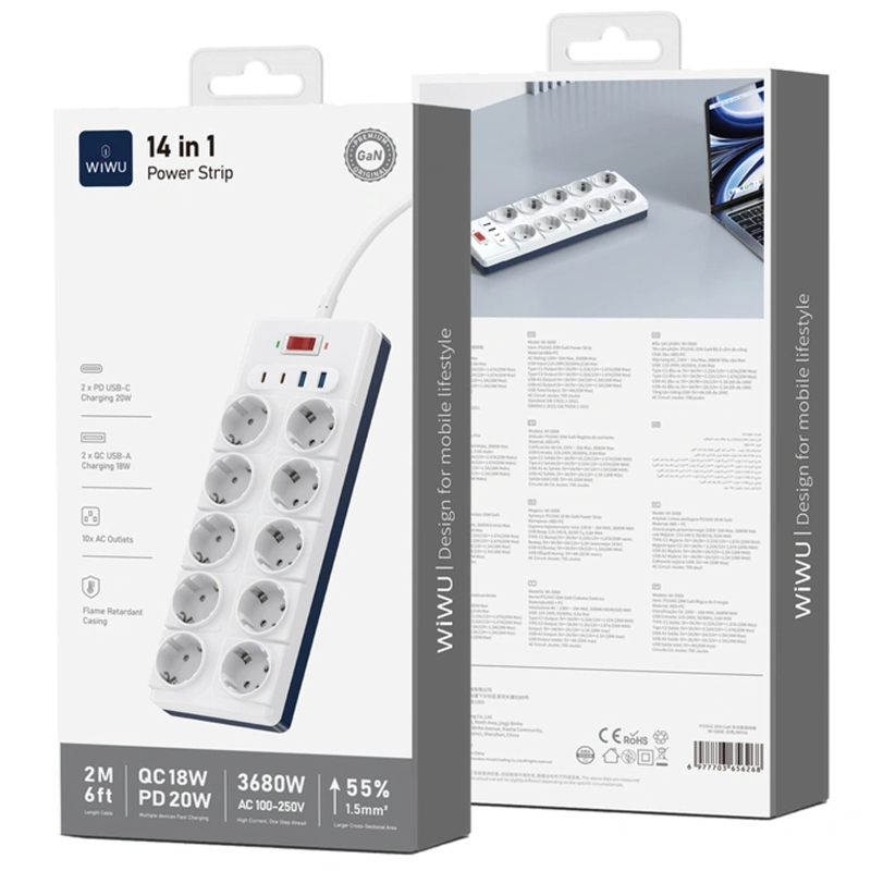 Подовжувач WIWU S008 Power Strip PD20W (2USB-A/2C/10xSocket) (2m) - Зображення 4