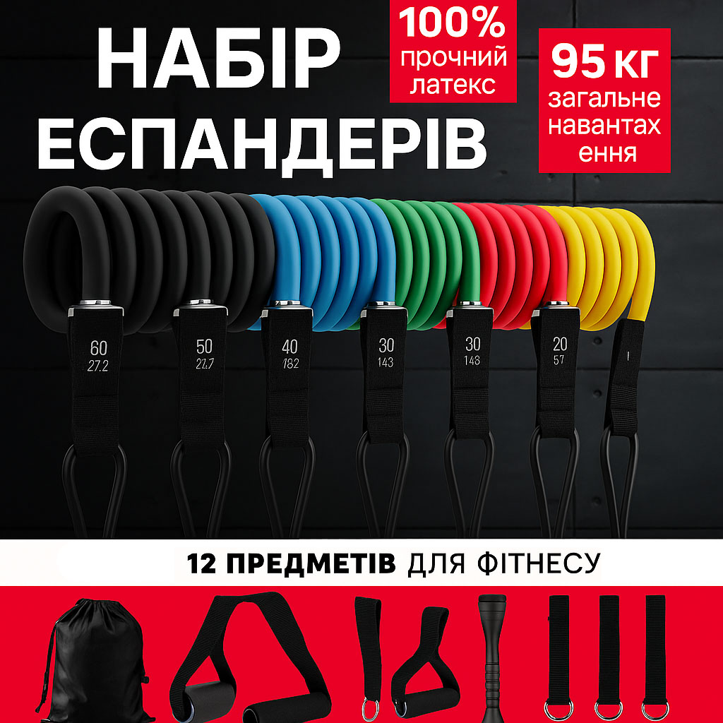 Эспандер резина для зарядок exercise pipe, эспандер резиновый жгут упражнения, Фитнес резинки 5 в 1 - Зображення 45