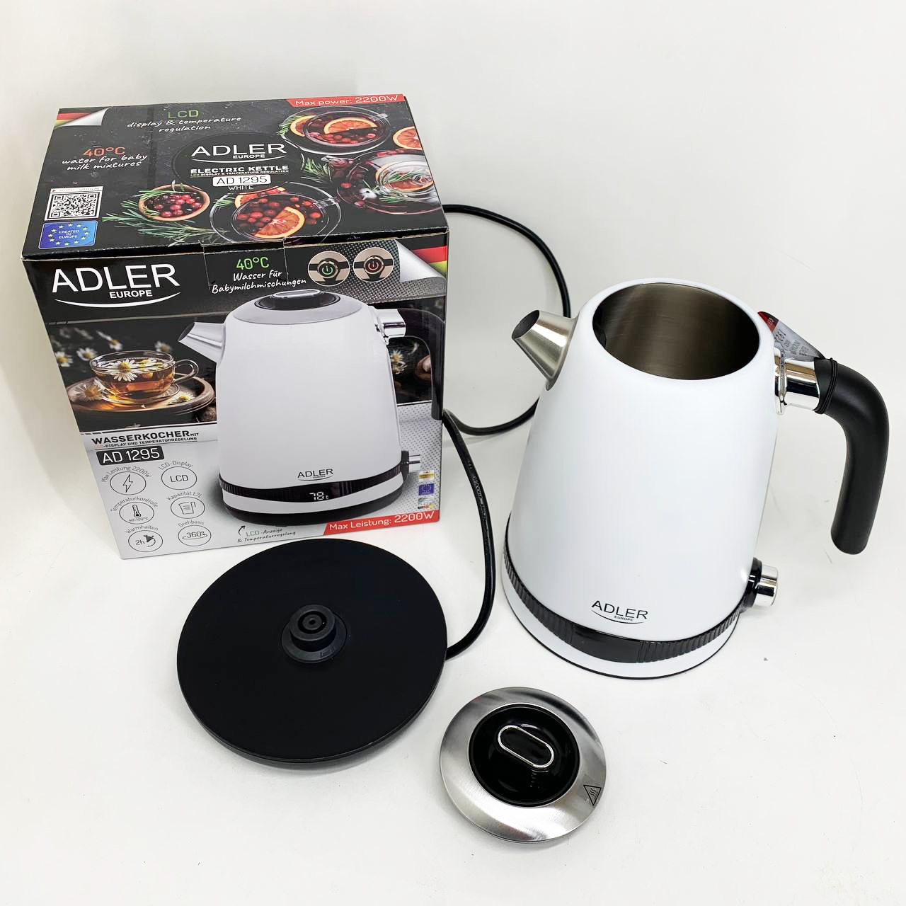 Чайник металевий Adler AD 1295 W 1,7 л з терморегулятором 40–100 °C White - Зображення 2