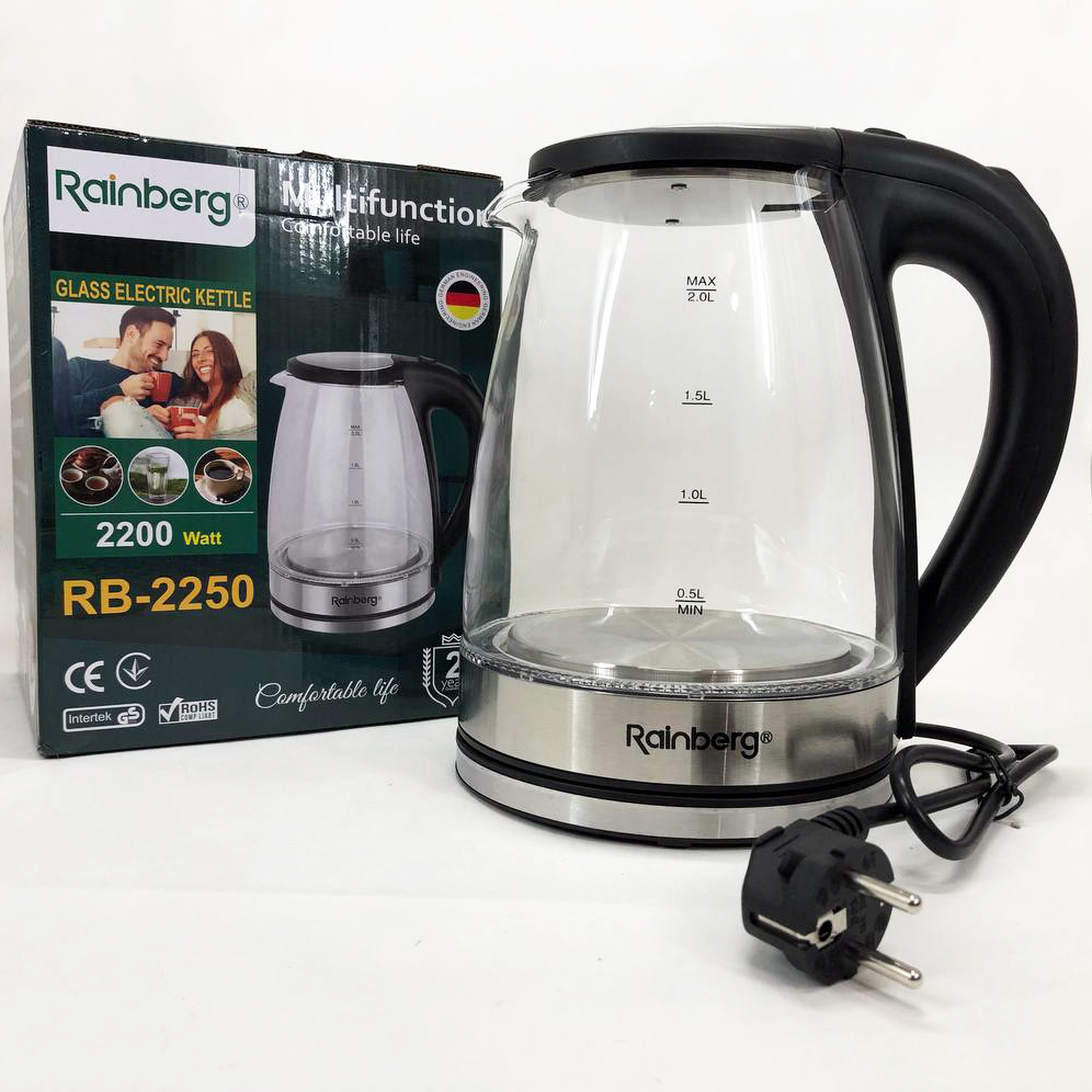 Електричний скляний чайник Rainberg RB-2250 з LED підсвічуванням 2200 Вт 1,8 л