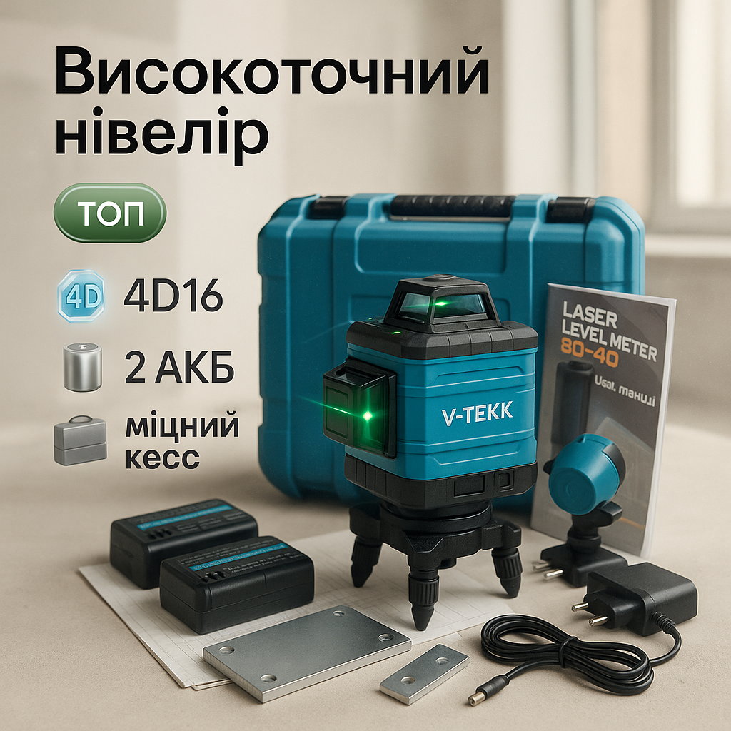 Лазерний рівень 4D16 В кейсі з двома акумуляторами