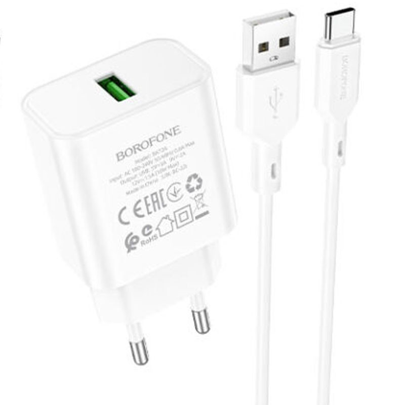 Мережевий зарядний пристрій Borofone BA72A Spring QC3.0 (1USB-A) + кабель USB to Type-C