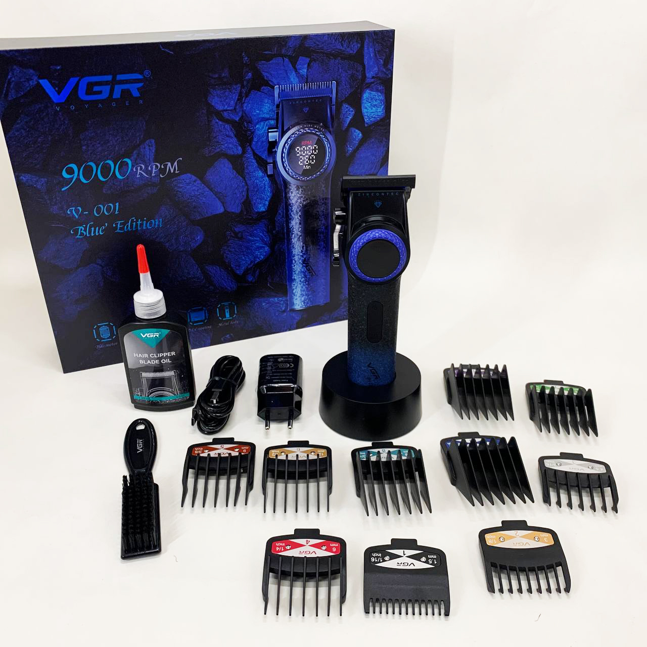 Професійна машинка для стрижки волосся VGR V-001 BLUE з дисплеєм 9000 об/хв та 10 насадками 1,5-24 мм - Зображення 2