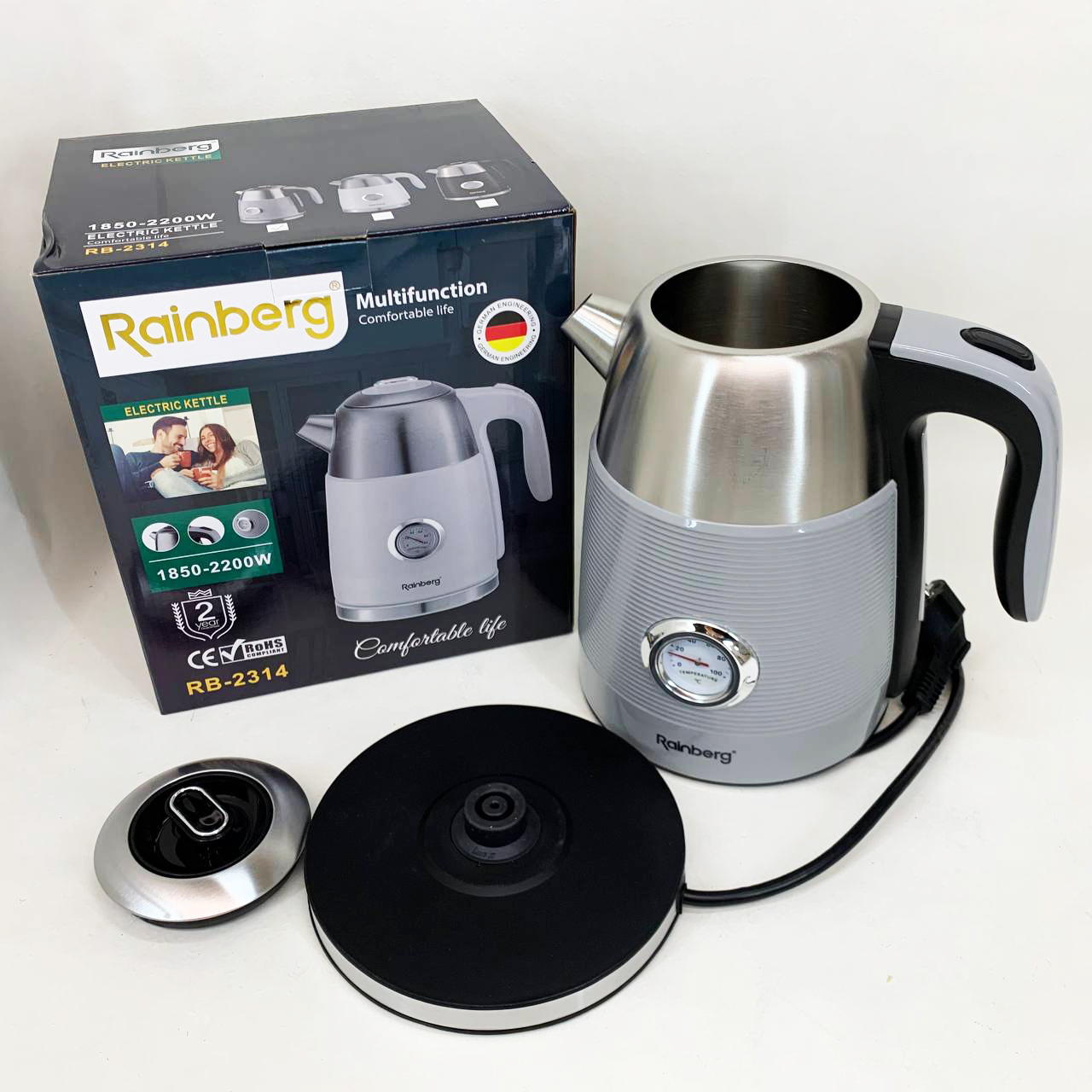 Чайник електричний із датчиком температури Rainberg RB-2314 2200Вт 1.7л Gray - Зображення 2