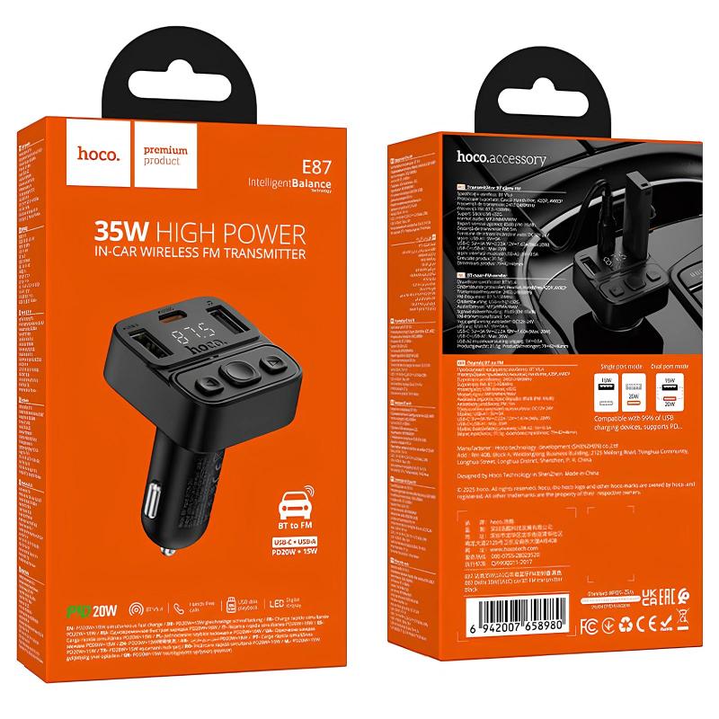 Автомобільний зарядний пристрій FM модулятор Hoco E87 Delta 35W (1USB-A/1C) - Зображення 4
