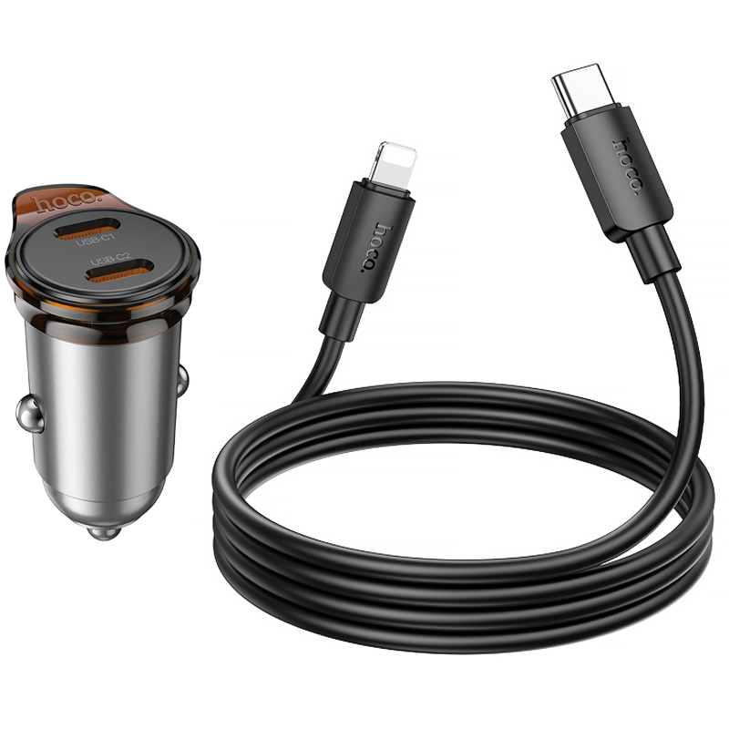 Автомобільний зарядний пристрій Hoco NZ16B Rigorous PD45W (2USB-C) + кабель Type-C to Lightning - Зображення 3