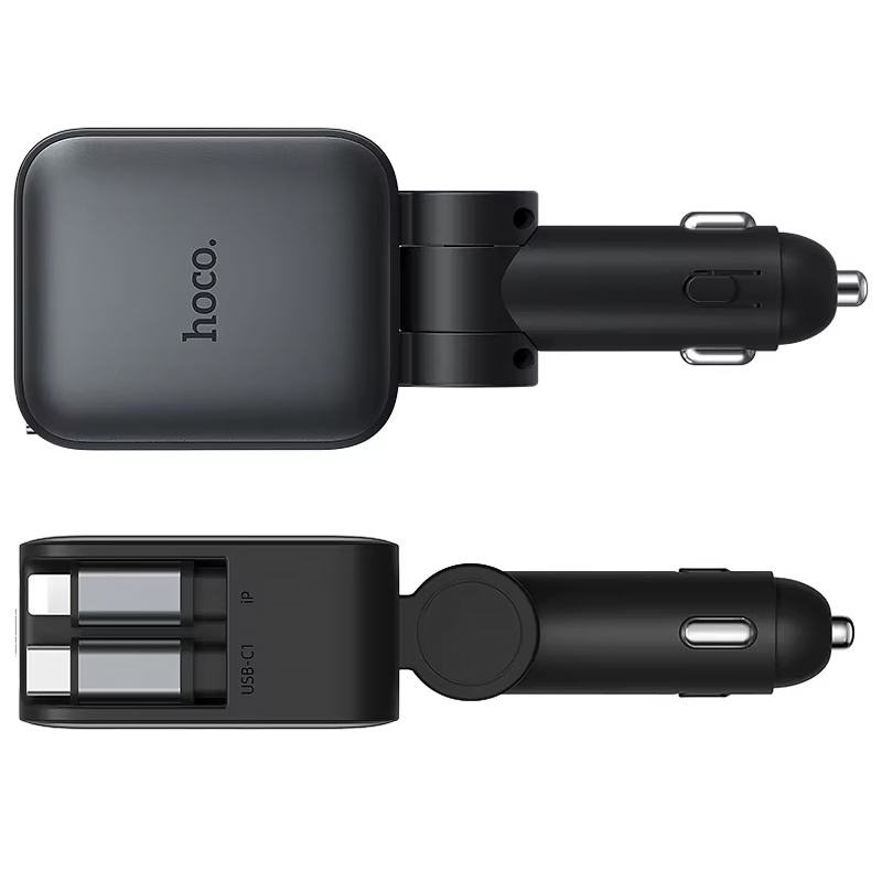 Автомобільний зарядний пристрій Hoco Z67A Triunfar PD45W+QC3.0 total 60W with retractable cables (1USB-A/2C/1L) - Зображення 2