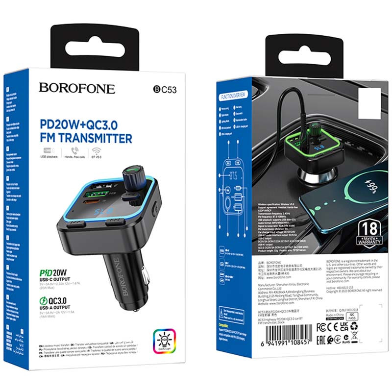 Автомобільний зарядний пристрій FM модулятор Borofone BC53 Highway PD20W+QC3.0 (2USB-A/1C) - Зображення 6