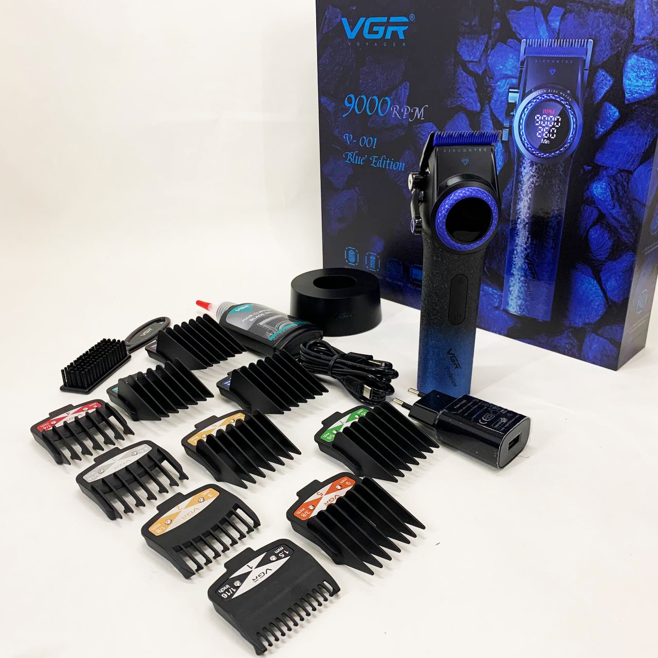 Професійна машинка для стрижки волосся VGR V-001 BLUE з дисплеєм 9000 об/хв та 10 насадками 1,5-24 мм - Зображення 5