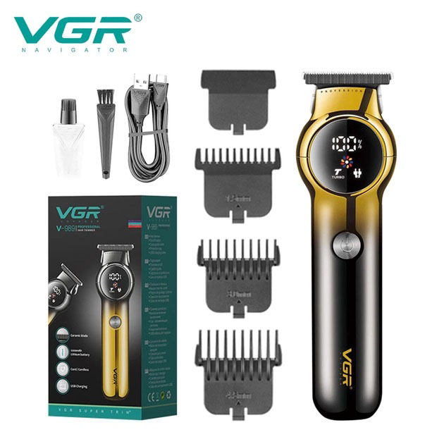 Тример для бороди та вусів VGR V-989 7000 об. Машинка для стрижки, окантування кераміка+сталь. Колір чорний