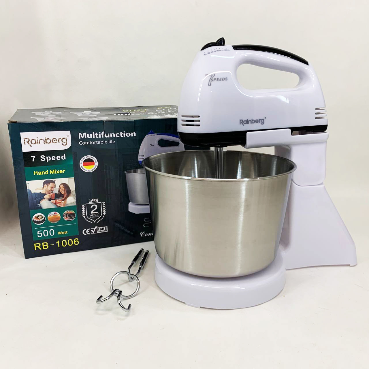 Стаціонарний електричний міксер із чашею Rainberg RB-1006 500W з насадками для замішування тіста Black - Зображення 6