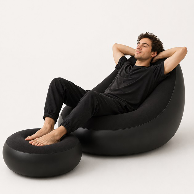 Надувное кресло с пуфом для отдыха AIR SOFA велюровое Black - Зображення 2