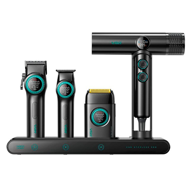 Набір VGR STEPLERSS RPO 4 IN 1 BLACK, триммер, машинка для стрижки, електробритва, фен
