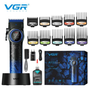 Професійна машинка для стрижки волосся VGR V-001 BLUE з дисплеєм 9000 об/хв та 10 насадками 1,5-24 мм