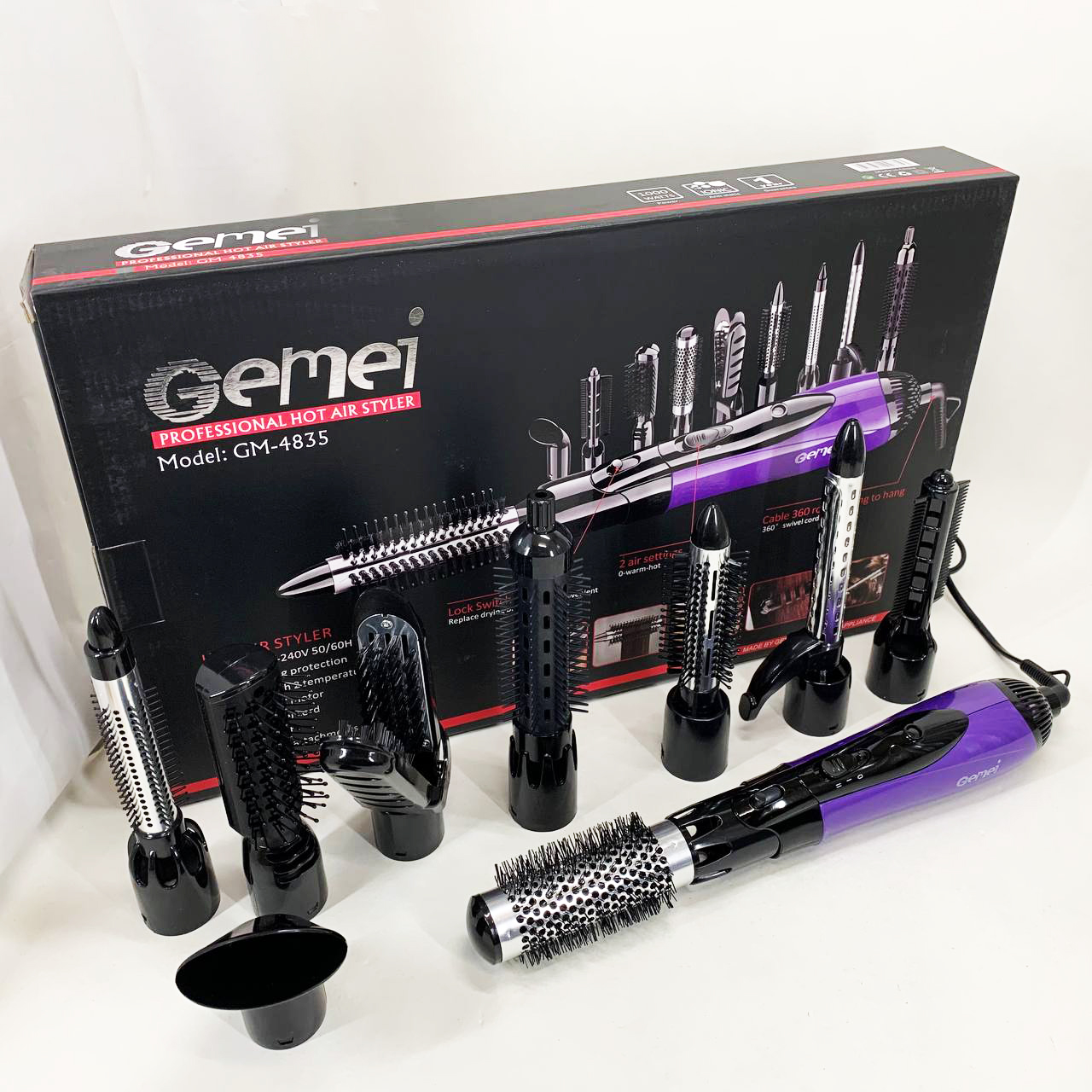 Фен - щітка стайлер Gemei GM-4835 багатофункціональний набір з насадками для волосся 10 в 1 Purple