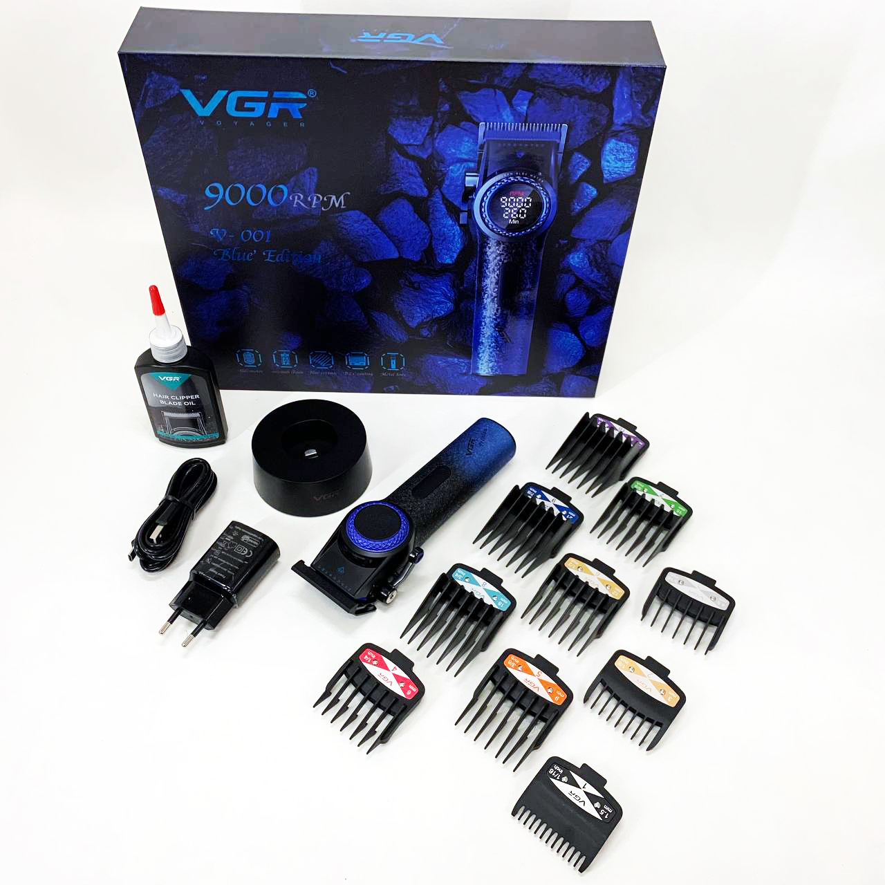 Професійна машинка для стрижки волосся VGR V-001 BLUE з дисплеєм 9000 об/хв та 10 насадками 1,5-24 мм - Зображення 3
