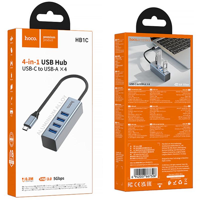 Перехідник HUB Hoco HB1C 4in1 (Type-C to 4xUSB 3.0) (0.2m) - Зображення 2