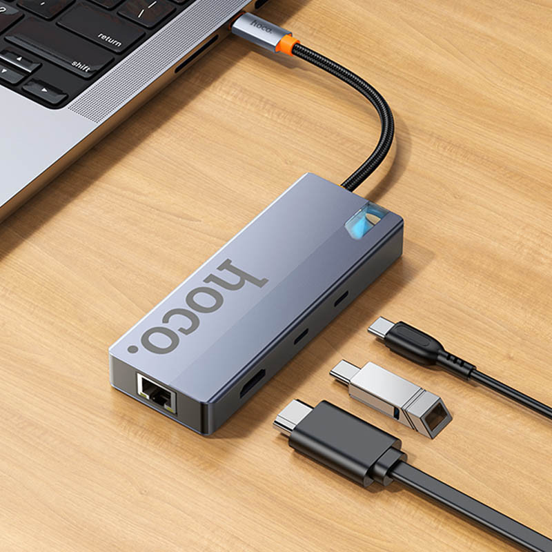 Перехідник HUB Hoco HB52 Wow 8in1 (Type-C to HDTV+RJ45+SD/TF+PD+Type-C3.0+2xUSB3.0) - Зображення 5