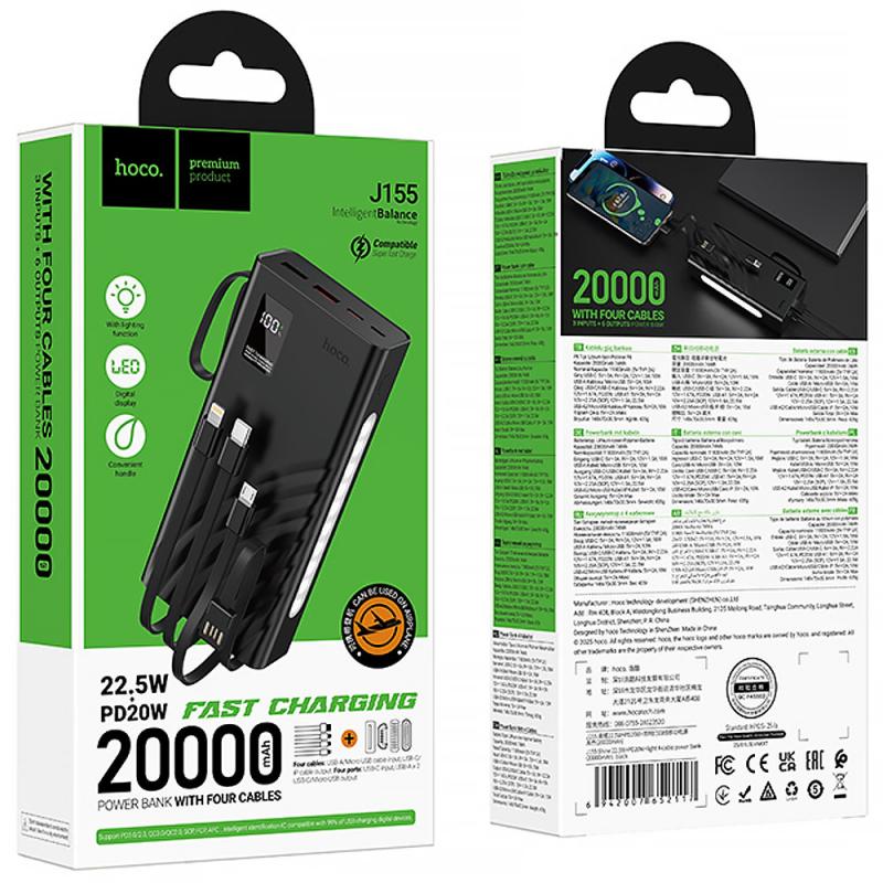 Повербанк Power Bank Hoco J155 Shine 22.5W+PD20W with 4 cables 20000 mAh - Зображення 6