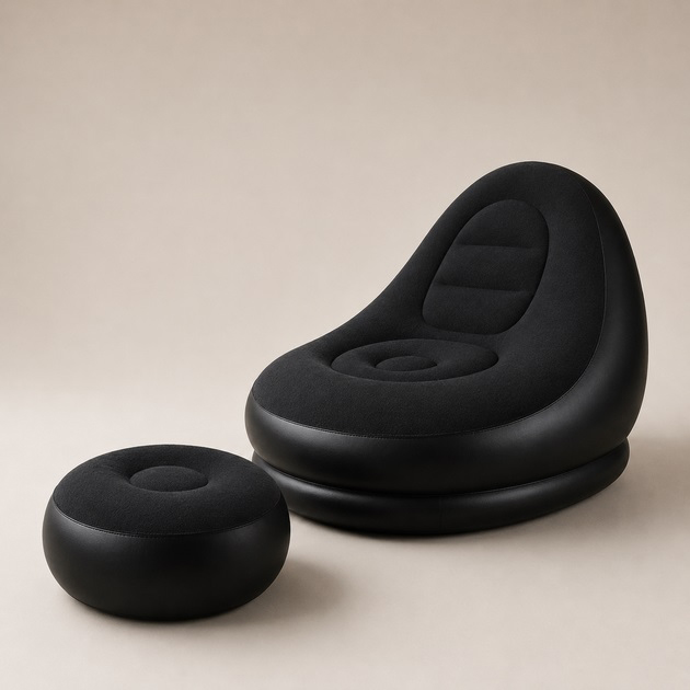 Надувное кресло с пуфом для отдыха AIR SOFA велюровое Black - Зображення 3