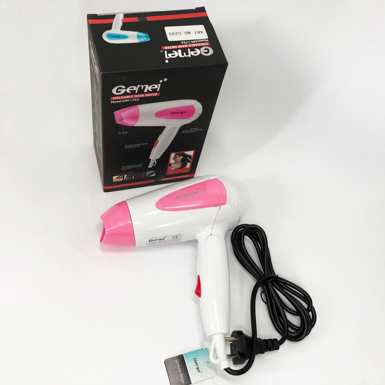 Фен для волосся складаний дорожній Gemei GM-1756 1200 Вт, Домашній фен для укладання Pink - Зображення 6