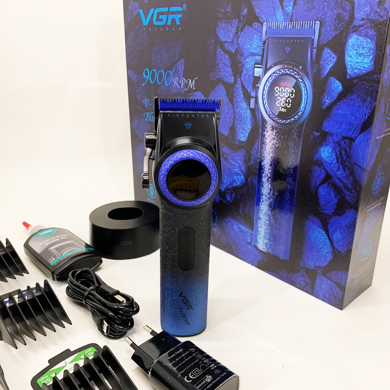Професійна машинка для стрижки волосся VGR V-001 BLUE з дисплеєм 9000 об/хв та 10 насадками 1,5-24 мм - Зображення 6
