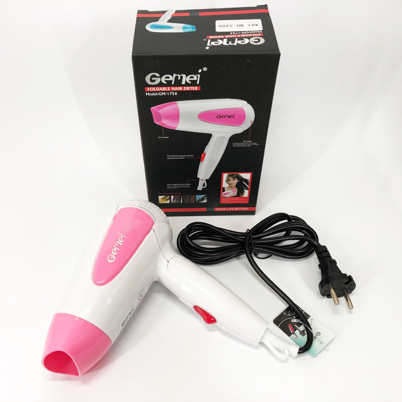 Фен для волосся складаний дорожній Gemei GM-1756 1200 Вт, Домашній фен для укладання Pink - Зображення 2