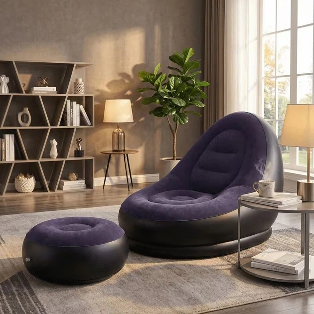 Надувное кресло с пуфом для отдыха AIR SOFA велюровое Purple - Зображення 6
