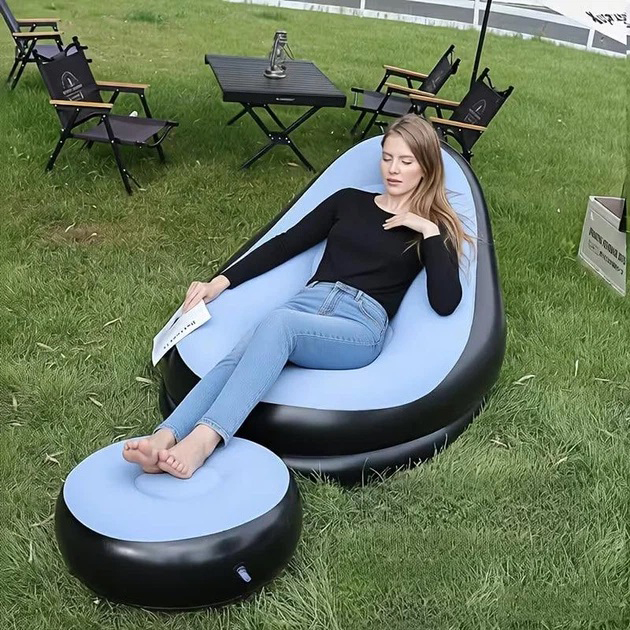 Надувное кресло с пуфом для отдыха AIR SOFA велюровое Blue - Зображення 2