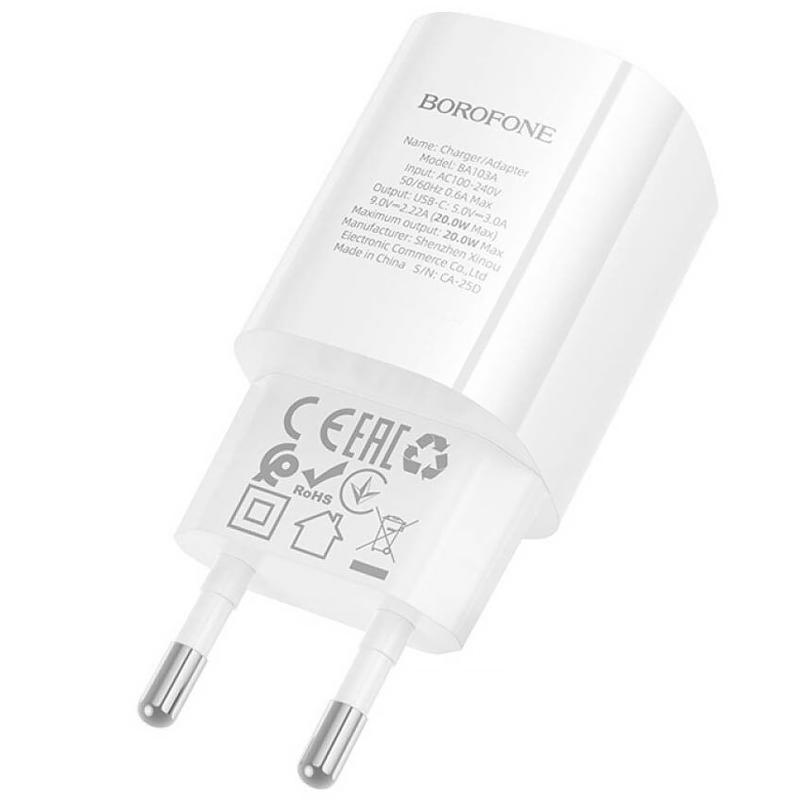 Мережевий зарядний пристрій Borofone BA102A Pudding QC3.0 (1USB-A) + кабель USB to Type-C - Зображення 4