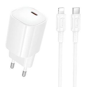Мережевий зарядний пристрій Borofone BA103A Pudding PD20W (1USB-C) + кабель Type-C to Lightning