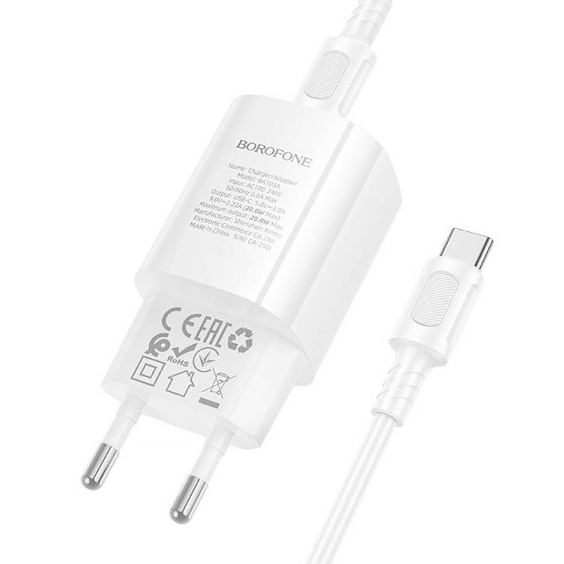 Мережевий зарядний пристрій Borofone BA103A Pudding PD20W (1USB-C) + кабель Type-C to Type-C - Зображення 4