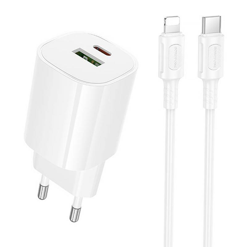 Мережевий зарядний пристрій Borofone BA104A Pudding PD20W+QC3.0 (1USB-A/1C) + кабель Type-C to Lightning