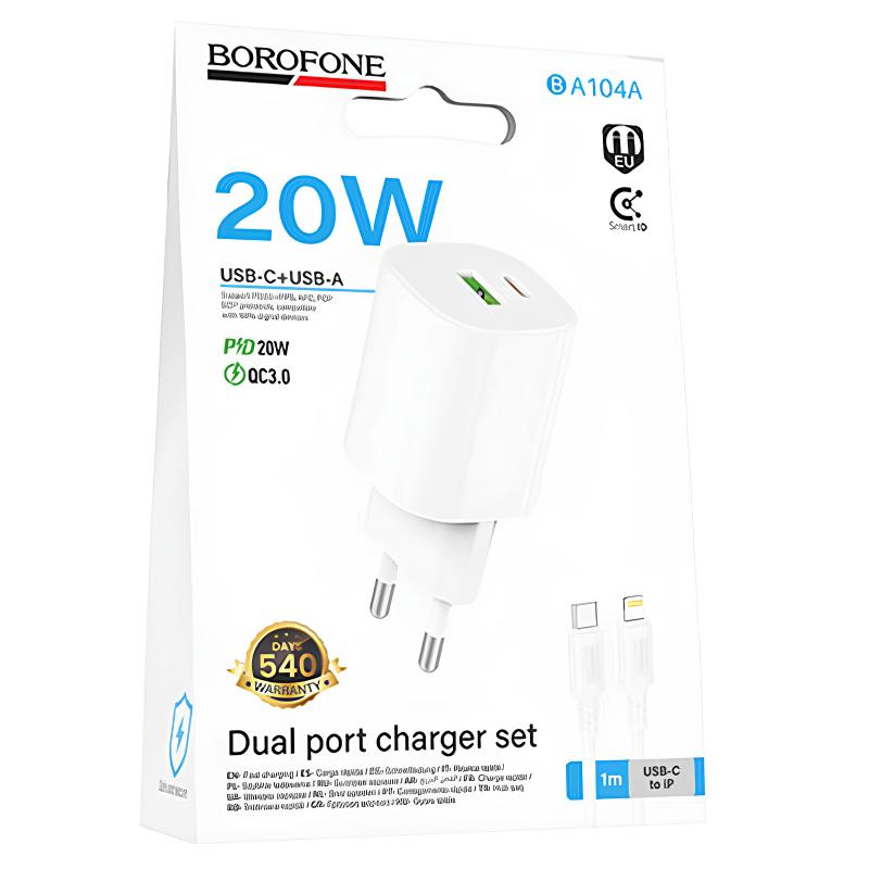 Мережевий зарядний пристрій Borofone BA104A Pudding PD20W+QC3.0 (1USB-A/1C) + кабель Type-C to Lightning - Зображення 2