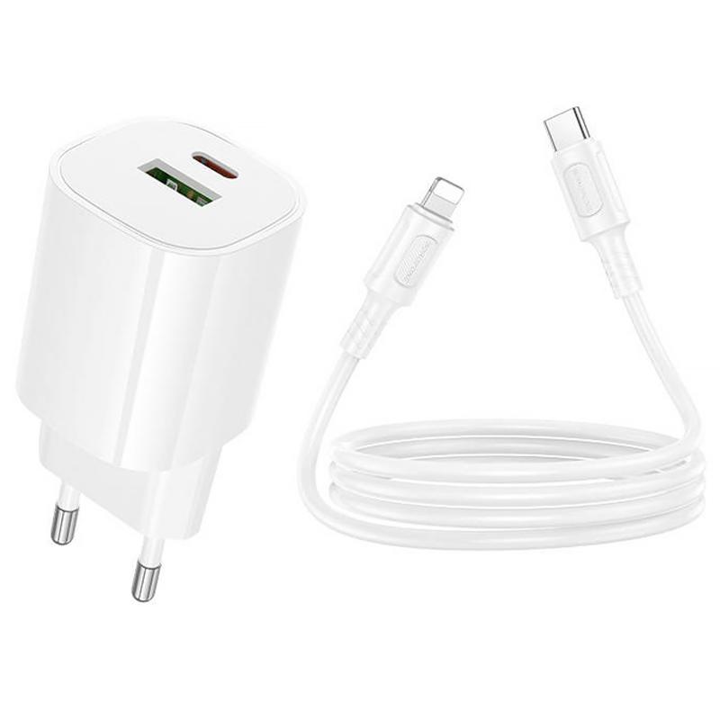 Мережевий зарядний пристрій Borofone BA104A Pudding PD20W+QC3.0 (1USB-A/1C) + кабель Type-C to Lightning - Зображення 3