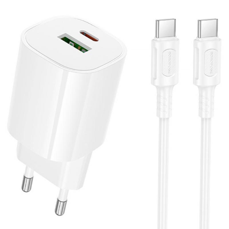 Мережевий зарядний пристрій Borofone BA104A Pudding PD20W+QC3.0 (1USB-A/1C) + кабель Type-C to Type-C