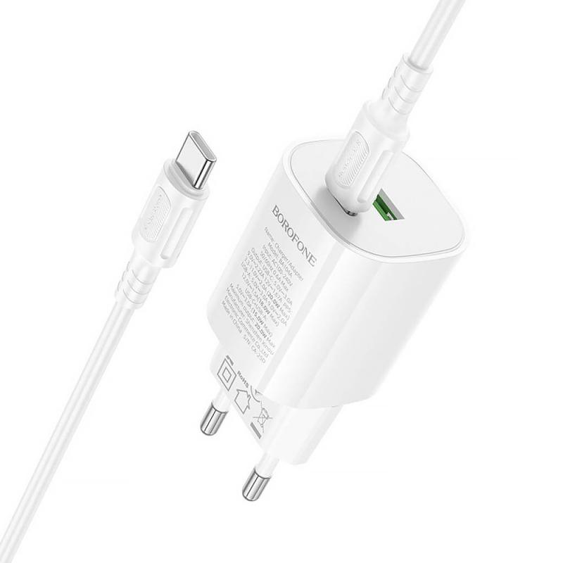 Мережевий зарядний пристрій Borofone BA104A Pudding PD20W+QC3.0 (1USB-A/1C) + кабель Type-C to Type-C - Зображення 3