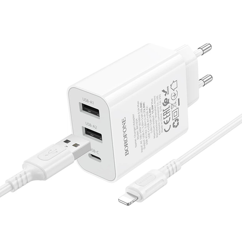 Мережевий зарядний пристрій Borofone BA105A Stellar 15W (2USB-A/1C) + кабель USB to Lightning - Зображення 2
