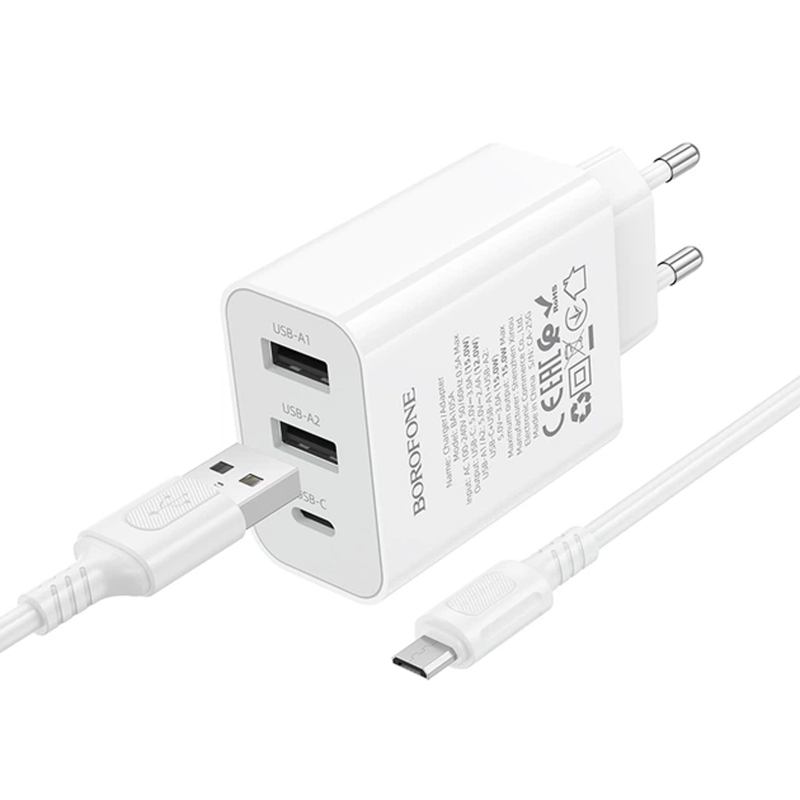 Мережевий зарядний пристрій Borofone BA105A Stellar 15W (2USB-A/1C) + кабель USB to MicroUSB - Зображення 3