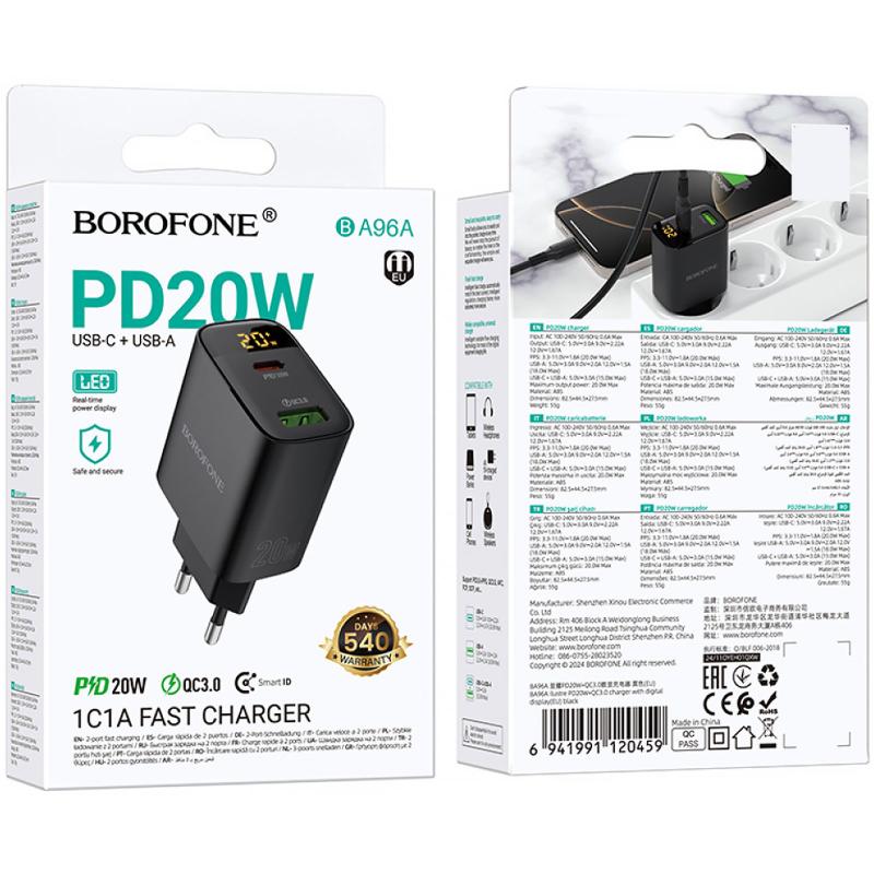 Мережевий зарядний пристрій Borofone BA96A Ilustre with digital display PD20W+QC3.0 (1USB-A/1C) - Зображення 4