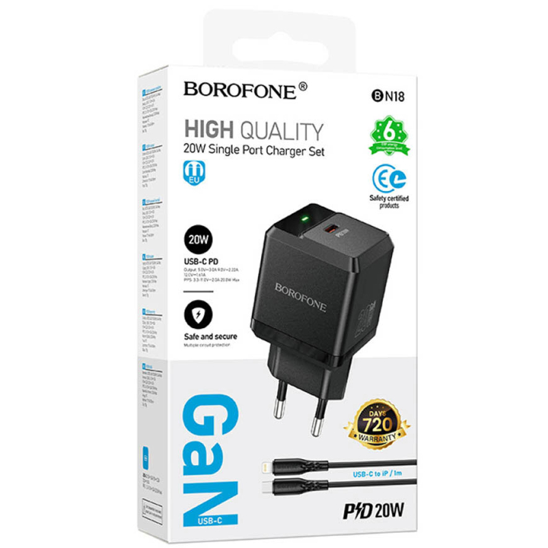 Мережевий зарядний пристрій Borofone BN18 Intenso PD20W (1USB-C) + кабель Type-C to Lightning - Зображення 2