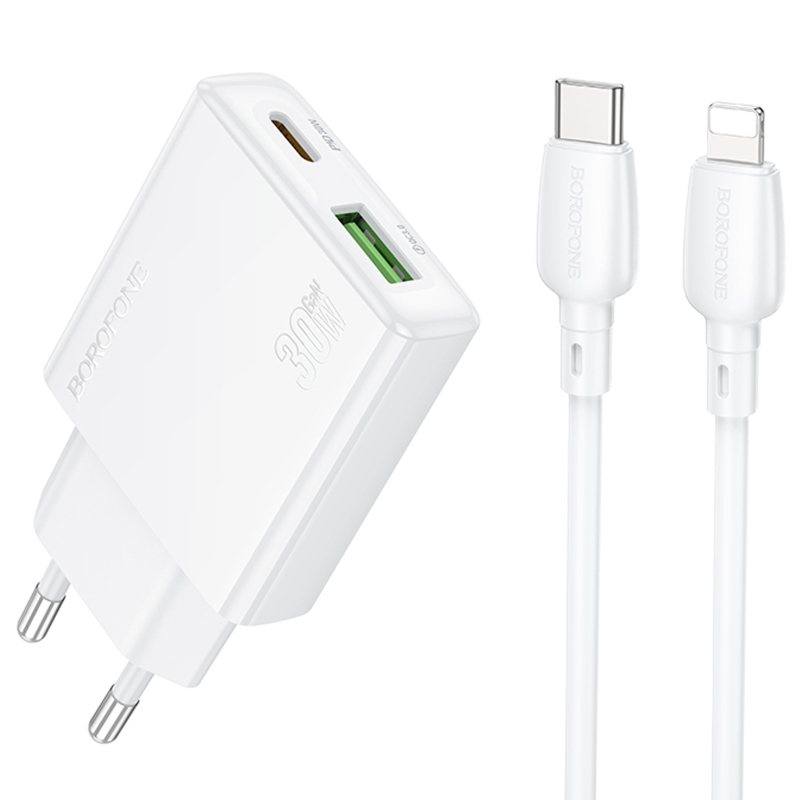 Мережевий зарядний пристрій Borofone BN25 Wish PD30W+QC3.0 (1USB-A/1C) + кабель Type-C to Lightning