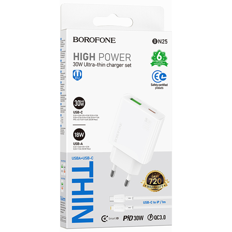 Мережевий зарядний пристрій Borofone BN25 Wish PD30W+QC3.0 (1USB-A/1C) + кабель Type-C to Lightning - Зображення 2