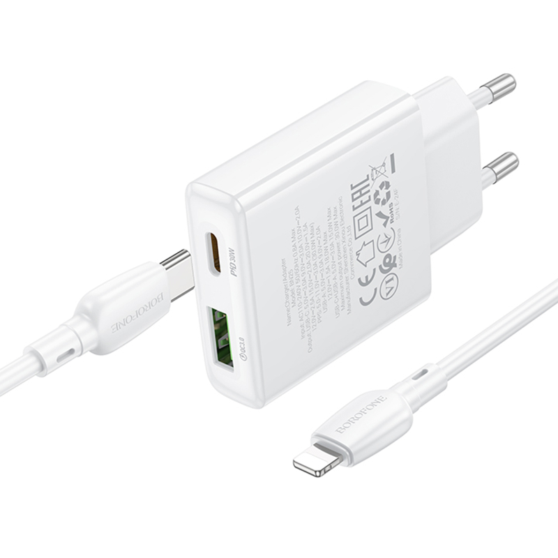 Мережевий зарядний пристрій Borofone BN25 Wish PD30W+QC3.0 (1USB-A/1C) + кабель Type-C to Lightning - Зображення 5