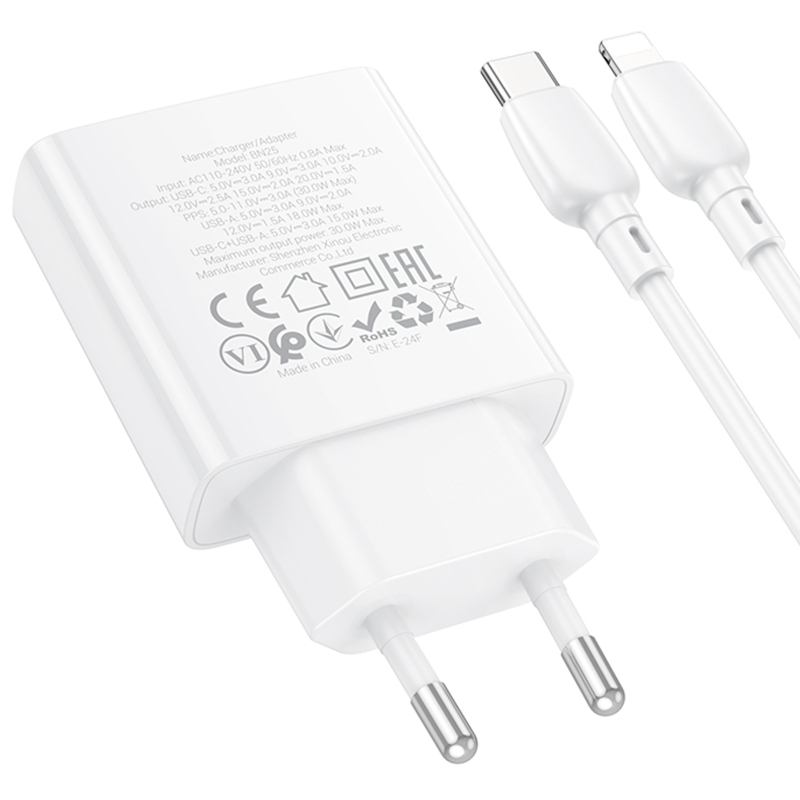 Мережевий зарядний пристрій Borofone BN25 Wish PD30W+QC3.0 (1USB-A/1C) + кабель Type-C to Lightning - Зображення 6