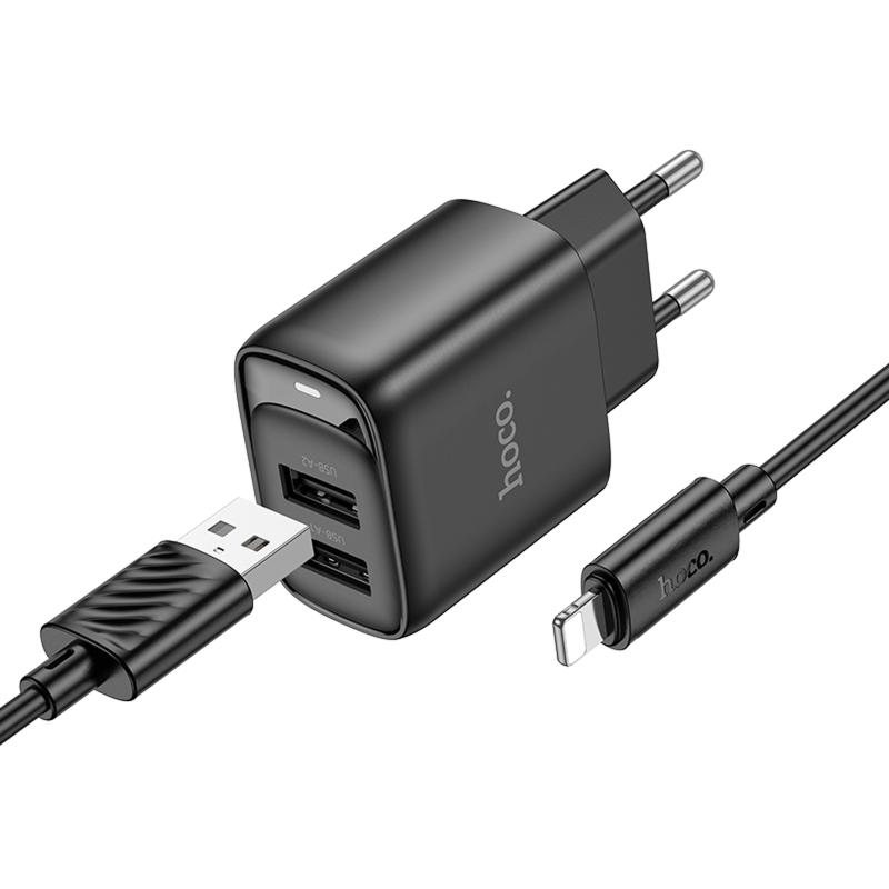 Мережевий зарядний пристрій Hoco C141A Smart 2.1A (2USB-A) + кабель USB to Lightning - Зображення 2